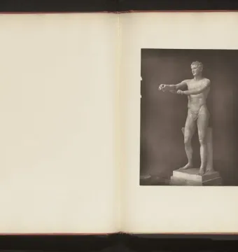 Sepia-toned book page showing the Apoxyomenos statue in a contrapposto pose with both arms extended forward.