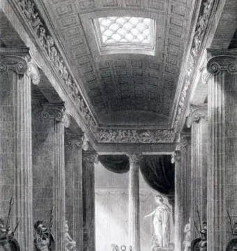 Black and white drawing of the Bassae Frieze in a long colonnaded temple interior.