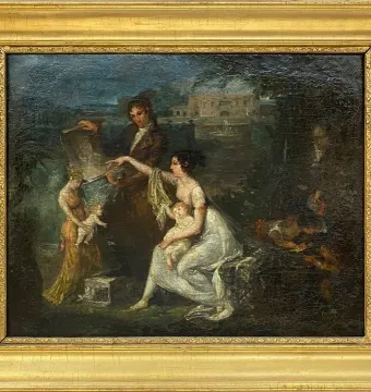 Oil painting in a gilded frame showing Canova presenting the Hercules and Lychas design to a seated family in a garden landscape.