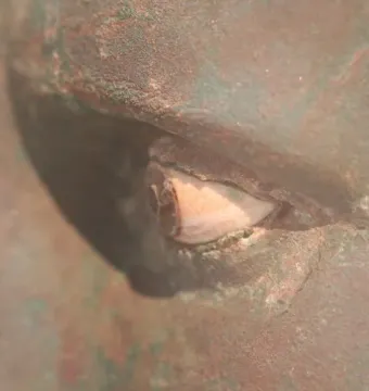 Close-up of the Meroë Head showing a corroded bronze eye with inlaid details and green patina.