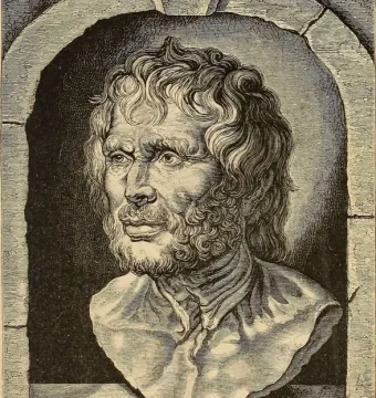 Pseudo-Seneca bust with a gaunt face, curly hair, and beard resting in a rough stone archway.