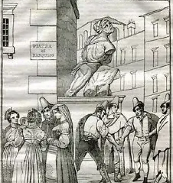 Black-and-white drawing of Pasquino, the talking statue of Rome, shown in a street scene with people gathered nearby and a sign for Piazza di Pasquino.