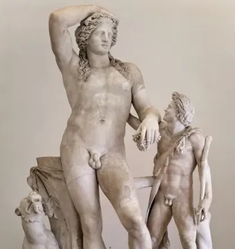 Ludovisi Dionysus marble sculpture with a smaller satyr, and a panther at his feet holding grapes.