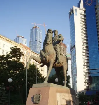 Pyotr Bagration Monument showing a bronze equestrian statue on a granite pedestal in an urban square.
