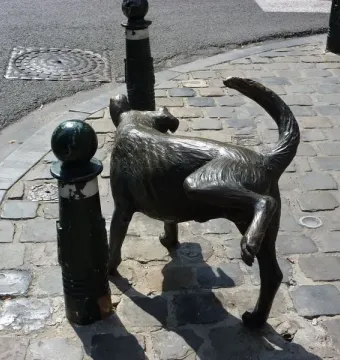 Het Zinneke dog sculpture standing on a cobblestone street beside a green bollard.