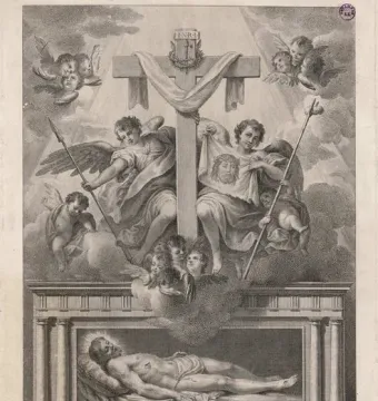 Black-and-white print of Cristo Yacente showing a reclining figure beneath a crucifix with winged angels above.