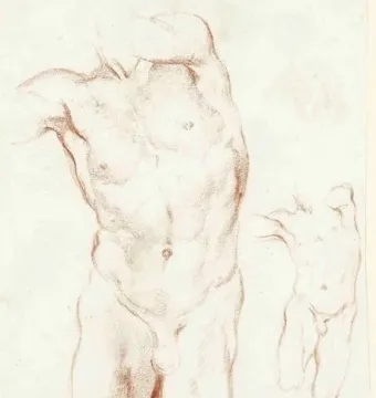 Red chalk studies of male figures for Daniel and the Lion, showing a muscular nude torso on the left and a smaller full-body sketch on the right.