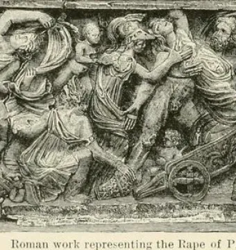 The Proserpina Sarcophagus with a dramatic high-relief scene of figures, horses, and chariots across the marble front.