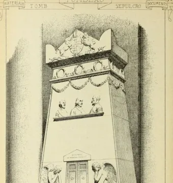 The Monument to the Royal Stuarts, a tall classical monument with busts, garlands, winged figures, and columns at the base.