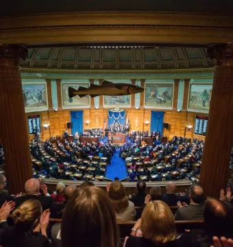 Sacred Cod fish sculpture hanging in a legislative chamber with rows of seated people