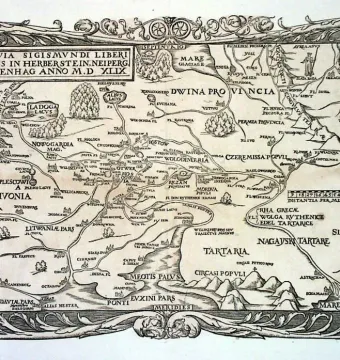 Golden Woman shown as a small figure on an old map, standing with a tall headdress and staff beside two smaller figures.