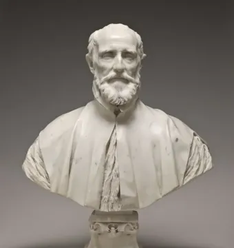 Francesco Barberini bust in white marble, shown with a full beard, mustache, and draped cloak on an ornate pedestal.