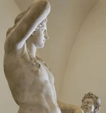 Ludovisi Dionysus with a satyr holding out grapes in marble.