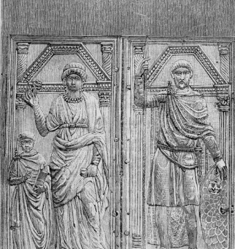 Black and white sketch of the Diptych of Stilicho showing two carved panels, one with a woman and child and the other with an armed man.