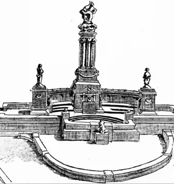 Black and white drawing of the Mechanics Monument, showing a multi-tiered fountain with a central column, figures on top, and smaller statues beside curved basins.
