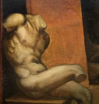 River God reclining male torso with bent legs on a dark block