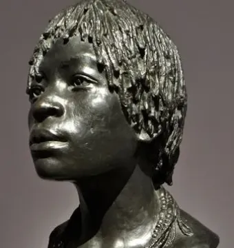 Woman of Central Africa bronze sculpture with short textured hair and beaded necklaces on a black base.