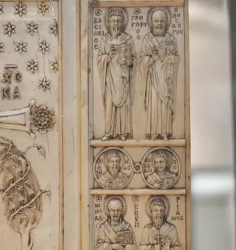 Harbaville Triptych right panel with carved haloed figures, Greek inscriptions, and star and tree motifs