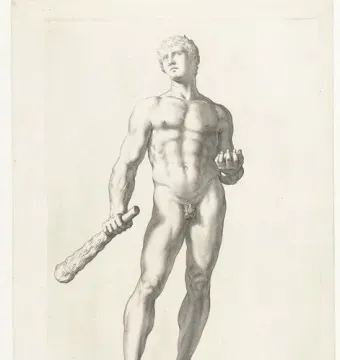 Monochrome print of Hercules of the Forum Boarium, shown as a nude muscular figure holding a club and a cluster of apples.