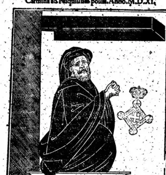 Antique print of Pasquino as a bearded man in a hooded robe, shown with clasped hands on an ornate pedestal with a coat of arms and Latin text above.