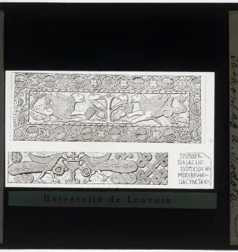 The Plutei of Theodota shown as two carved panels, one with griffin-like creatures around a tree and the other with peacocks flanking a chalice.