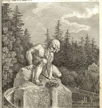 Engraving of the Apennine Colossus, a colossal bearded figure built into a rocky landscape with water flowing below and small figures on nearby steps and walkways.