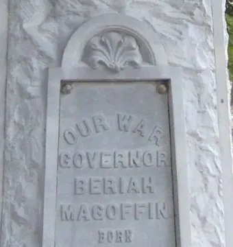 Engraved plaque on the Beriah Magoffin monument reading \