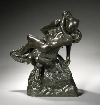 Triumphant Youth, a dark bronze sculpture of two nude muscular figures in a dynamic embrace or struggle.