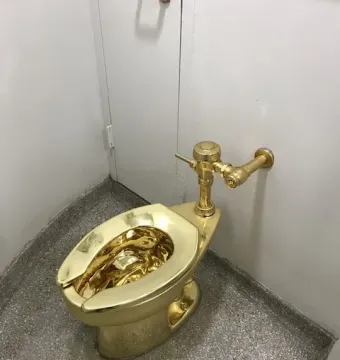 America, a gold-colored toilet with a reflective bowl and matching flush valve against a white wall.
