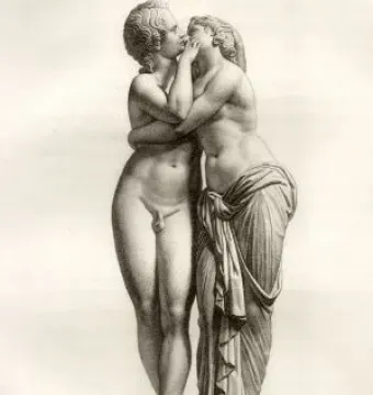 Engraving of Cupid and Psyche embracing and kissing on a round pedestal.