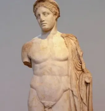 Hermes Criophorus marble statue with a ram beside his leg