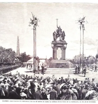 Crowd gathered around the Monument to Isabella of Castile during a public ceremony, with an equestrian statue on a tall pedestal and flags nearby.