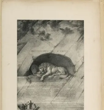 The Lion Monument shows a wounded lion carved into a rocky grotto, with its paw resting on a shield, while small figures in a boat appear below on the water.