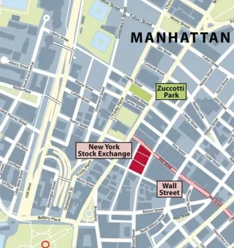 Map of lower Manhattan showing Battery Park, Wall Street, Zuccotti Park, and The Sphere area.