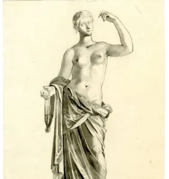 Monochrome drawing of the Townley Venus, showing a standing partially nude female figure with drapery and one arm raised near her head.