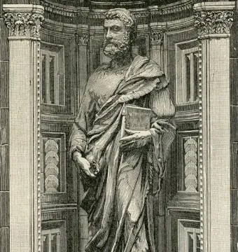 Black and white engraving of Saint Peter standing in an ornate niche, holding a book and a key.