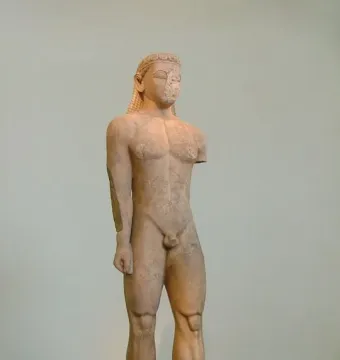 Sounion Kouros, a weathered ancient marble statue of a nude male figure with braided hair and a missing left forearm.