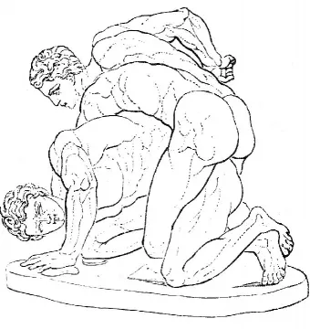 Two wrestlers in an ancient marble statue, one pinned on all fours beneath the other.