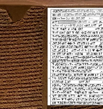 Rassam cylinder fragment with cuneiform inscriptions beside a black-and-white transcription diagram.