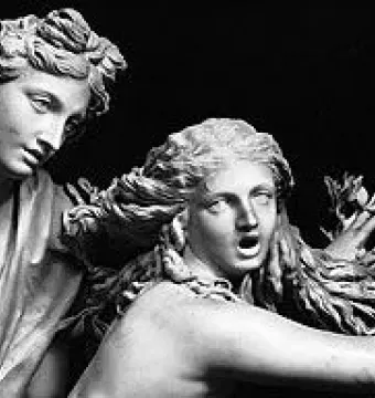 Apollo and Daphne sculpture showing Daphne transforming into branches as Apollo looks on.