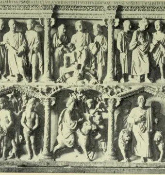 Sarcophagus of Junius Bassus with two tiers of carved relief panels showing many figures in arched architectural frames.