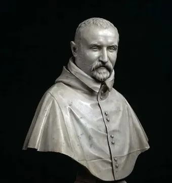 White marble bust of Carlo Antonio del Pozzo with a trimmed beard and mustache, shown on a tiered pedestal.