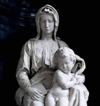 Madonna of Bruges, a white marble sculpture of a seated woman holding a nude child between her knees.