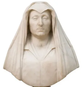 Marble bust of Camilla Barbadori with a veiled head and shoulders on a marble pedestal.