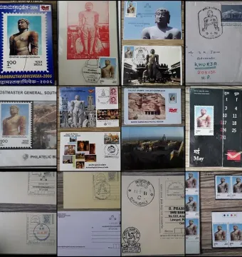 Collection of philatelic items featuring the Gommateshwara statue.
