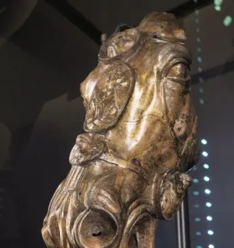 Waldgirmes horse head with ornate metal detailing and medallions on the forehead and cheek