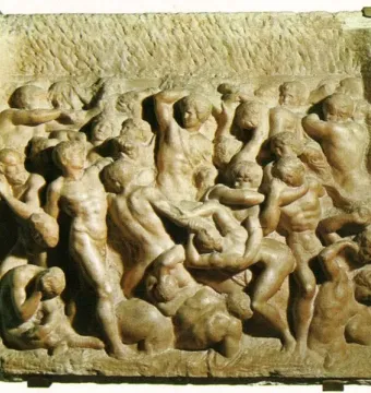 Stone relief of Battle of the Centaurs showing a chaotic struggle of nude, intertwined human and centaur figures.
