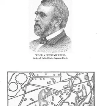 Historical black-and-white diagram of the Newark Earthworks showing geometric enclosures, circular mounds, and connecting lines.