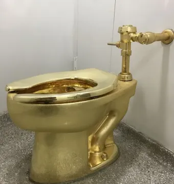 America, a gleaming gold toilet with its lid slightly open against a white wall