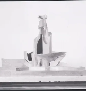 Development of a Bottle in Space, a bronze sculpture with a tall abstract form and a rectangular base.